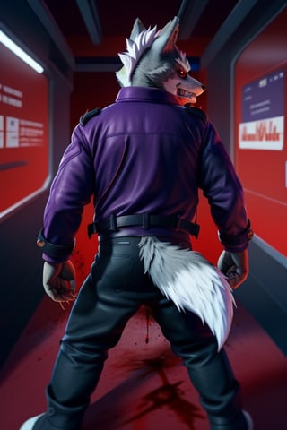 Wolf O'Donnell with blood all over his body and looking feral and angry. Eyepatch, wearing purple jacket with lighter violet stripes, but is covered with blood, anthro, bad looking at viewer, look from behind, Wolf showing his back, Star Wolf logo at the back of his jacket, but also with blood, red eyes, claws with blood, blood also in the floor.

Fox McCloud is also there looking at Wolf afraid and scared, or shocked about it