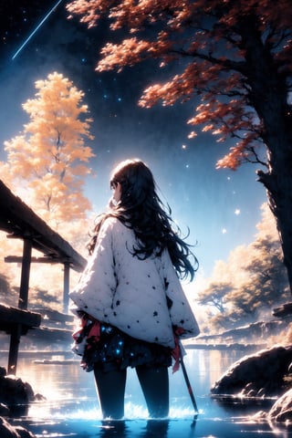 1girl, scenery, solo, sky, star sky, cloud, outdoors, standing, starry sky, fantasy, horizon, long hair, tree, light particles, water, very wide shot, from behind