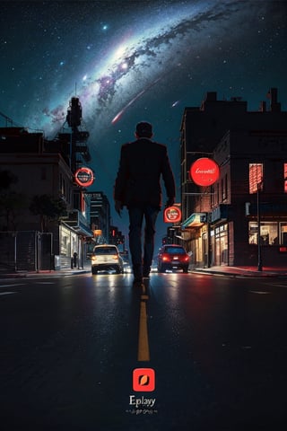 (EpicLogo:1.5), car, a street road in the middle of the city, the sky is full of huge planet, night, galaxy, cinematic view, cinematic angle, cinematic light