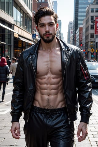 1boy, beard, abs body, outdoors, in city, black jacket