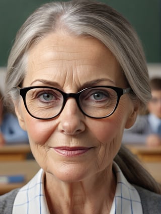 photo r3al, photorealistic, masterpiece, hyperdetailed photography of a beautiful woman, classroom, best quality, 8k UHD, 8k, ultra quality, ultra detailed, closed mouth, smirking, warm lighting, daylight, soft lighting, (closeup), looking_at_viewer, glasses, teacher, 50 years old, smooth face, facing viewer,