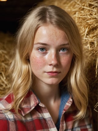 cute young blonde woman, in a barn full of straw, closeup, slightly freckled, looking_at_viewer, red checkered shirt, warm lighting, 