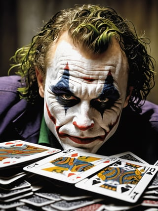 best quality, Heath Ledger as Joker laying down on a big pile of playing cards, penetrating look, messy hair, ((closeup)), best quality, ultra realistic, photorealistic, a lot playing cards everywhere