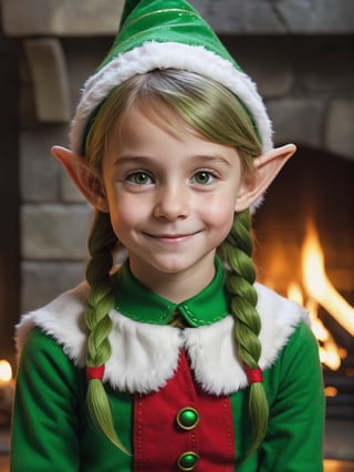 photo r3al, masterpiece, best quality, cartoon, 8k, ultra detailed, santa's elf, young female, smirking, green santa's elf outfit, fireplace, (((closeup))), portrait, 