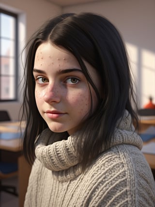 photo r3al, photorealistic, masterpiece, hyperdetailed photography of teenager girl with acne, european, comfy sweater, black hair, best quality, 8k UHD, 8k, ultra quality, ultra detailed, warm lighting, daylight, soft lighting, (closeup), looking_at_viewer, smooth face, facing viewer, (((acne))), clasroom, messy hair