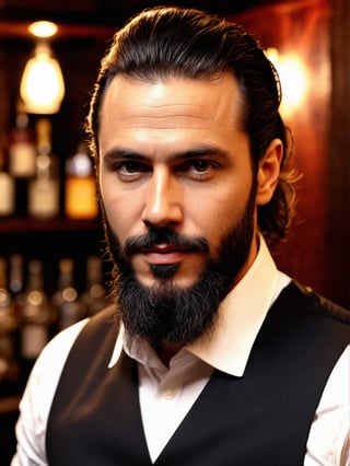 photo r3al, photorealistic, masterpiece, hyperdetailed photography, solo male, bartender, best quality, 8k, ultra quality, ultra detailed, closed mouth, warm lighting, bar counter, 30 years old, closed mouth, (((closeup))), dark hair, long ponytail, beard