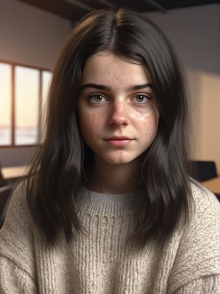 photo r3al, photorealistic, masterpiece, hyperdetailed photography of teenager girl with acne, european, comfy sweater, black hair, best quality, 8k UHD, 8k, ultra quality, ultra detailed, warm lighting, daylight, soft lighting, (closeup), looking_at_viewer, smooth face, facing viewer, (((acne))), clasroom, messy hair