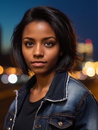 photo r3al, solo female, black skin, black eyes, black hair, black jeans jacket, (closed mouth:1.5), 25 years old, facing viewer, looking at viewer, front view, masterpiece, photorealistic, hyperdetailed photography, city lights, night, depth of field, warm lighting, outdoors, dimples, (((closeup, small breasts))), realistic eyes, detailed eyes, 