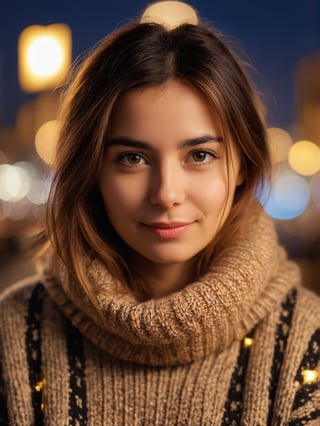 photo r3al, solo female, cosy sweater, (closed mouth:1.5), 25 years old, facing viewer, looking at viewer, front view, masterpiece, photorealistic, hyperdetailed photography, bokeh effect, city lights, night, depth of field, warm lighting, outdoors, sparkling eyes, dimples, (((closeup)))