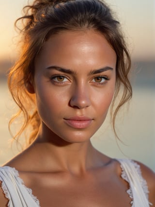 (photorealistic), (masterpiece), real photo, 8k UHD, solo female, exotic, best quality, ultra quality, ultra detailed, realistic eyes, ultra realistic, photography, standing, beach, sunny weather, warm lighting, outdoor, beach, upper body, messy hair, tanned skin, white dress, (((closed mouth))), natural beauty, (closeup face), smirk