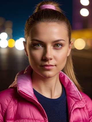 photo r3al, solo female, ukrainian, dark blonde, ponytail, pink jacket, (closed mouth:1.5), 25 years old, facing viewer, looking at viewer, front view, masterpiece, photorealistic, hyperdetailed photography, city lights, night, depth of field, warm lighting, outdoors, dimples, (((closeup, small breasts))), realistic eyes, detailed eyes, white skin