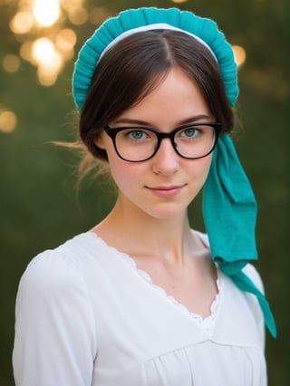 cute young brunette woman, white skin, outdoors, closeup, looking_at_viewer, white modest dress, trad girl, warm lighting, skinny, glasses, daylight, tanned skin, bun, dark hair, cozy room, teal blue hairband