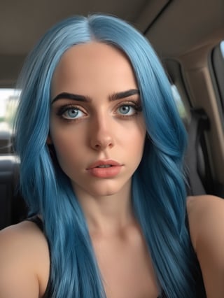 photo r3al, best quality, 8k, ultra realistic, ultra detailed, hyperdetailed photography, real photo, realistic eyes, bad bitchy girl, blue hair, detailed hair, detailed face, 20 years old, penetrating look, (((closed mouth))), irritated