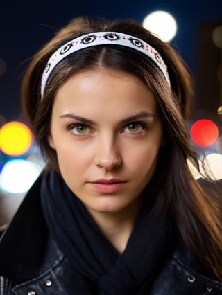 photo r3al, solo female, american, brunette, hairband, black jacket, (closed mouth:1.5), 25 years old, facing viewer, looking at viewer, front view, masterpiece, photorealistic, hyperdetailed photography, city lights, night, bokeh effect, warm lighting, outdoors, dimples, (((closeup, small breasts))), realistic eyes, detailed eyes, white skin, irritated, evil eyes