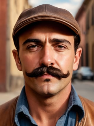 50's style, best quality, ultra quality, 8k, photorealistic, american, masterpiece, ultra realistic, hyperrealistic photography of young bandit, old town, baseball cap, professional photography, portrait, handsome, natural face, moustache