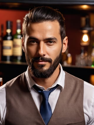 photo r3al, photorealistic, masterpiece, hyperdetailed photography, solo male, bartender, best quality, 8k, ultra quality, ultra detailed, closed mouth, warm lighting, looking_at_viewer, facing viewer, front_view, bar counter, 30 years old, ((closed mouth, closeup)), dark hair, long ponytail, beard