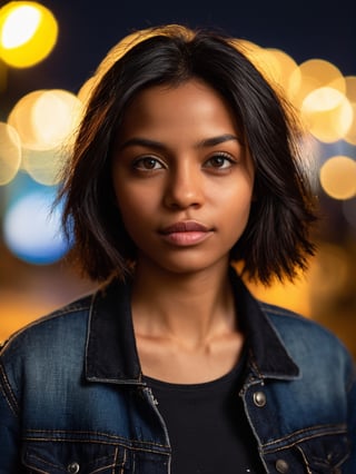 photo r3al, solo female, black skin, black eyes, black hair, black jeans jacket, (closed mouth:1.5), 25 years old, facing viewer, looking at viewer, front view, masterpiece, photorealistic, hyperdetailed photography, bokeh effect, city lights, night, depth of field, warm lighting, outdoors, dimples, (((closeup, small breasts))), realistic eyes, detailed eyes, 