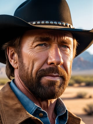 photo r3al, photorealistic, masterpiece, hyperdetailed photography, Chuck Norris as Texas Ranger, best quality, 8k, ultra quality, ultra detailed, closed mouth, warm lighting, soft lighting, (closeup), looking_at_viewer, facing viewer, front_view, black sherrif hat, outdoors