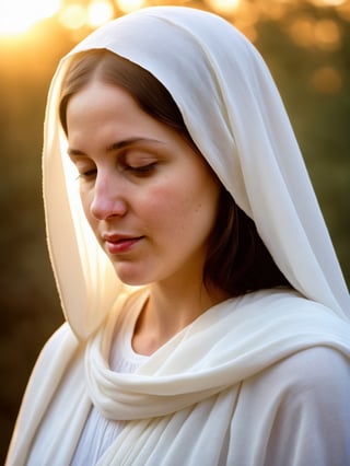 hyperrealistic photography of Virgin Mary, pregnant, beautiful, cute, side view, closeup, warm lighting, smirking, masterpiece, best quality, very young woman, looking down, outdoors, real woman, living person, white aura, photo r3al