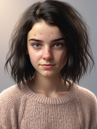 photo r3al, photorealistic, masterpiece, hyperdetailed photography of teenager girl with acne, european, comfy sweater, black hair, best quality, 8k UHD, 8k, ultra quality, ultra detailed, warm lighting, daylight, soft lighting, (closeup), looking_at_viewer, smooth face, facing viewer, (((acne))), clasroom, messy hair