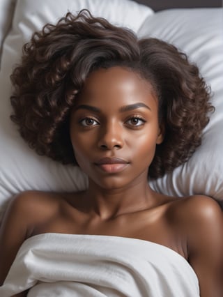 photo r3al, masterpiece, best quality, cute short ebony woman, adult, morning hair, professional photography, 8k, ultra realistic, delicate face, clean face, mysterious, closed mouth, laying in luxury bed, raised head, warm lighting, tshirt, closed mouth, closed eyes