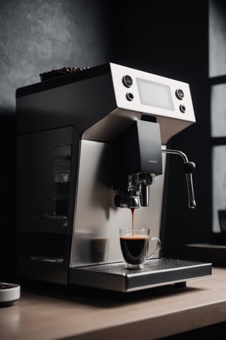 detailed coffee machine with screen at home, loft style, cinematic, high detail, photo