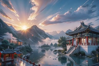 (8k, best quality, top level: 1.1), wide-angle lens:1.1,traditional architecture, high mountains and white clouds, clouds, ((Traditional Chinese Pavilion)), pilgrim,morning glow, sunrise, background, flowing water and detailed elements below. Desert