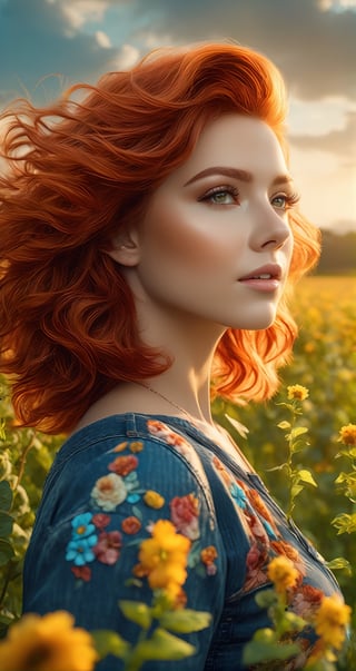 beautiful woman with short flowy red hair blowing with the wind, colorful floral tattoos covering her body wearing denim shorts walking through a field with flowering vines, work of beauty and complexity with intricate elements that differentiate this imagine from other, 8k UHD, steve fraschini style, colorful rendition, curvy_hips, EpicSky, sunset sky,  amber glow, hazel eyes, hyperdetailed face 