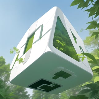 cubic house, floating, modern, floating in the sky, white, minimalistic, oversized windows, plants, beautiful natural landscape