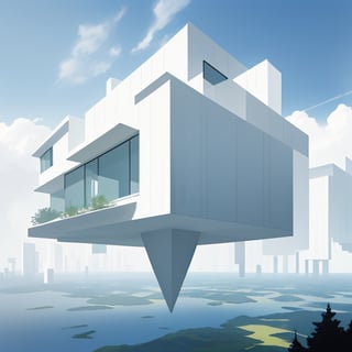 cubic house, floating, modern, floating in the sky, white, minimalistic, oversized windows, beautiful natural landscape