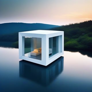 cubic house, floating, modern, floating in the sky, white, minimalistic, oversized windows, beautiful natural landscape