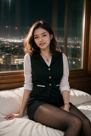 (Best quality, 8k, 32k, Masterpiece, real life, photorealism, highres, UHD:1.2),Photo of Pretty Japanese woman, 1girl, 22yo, (shoulder length dark brown curly hair), double eyelids, glossy lips, natural medium breasts, wide hips, slender body, soft curves, pale skin, detailed skin texture, skin pores, necklace, vest, skirt, pantyhose, (midnight, night:1.3), huge window with (beautiful cityscape night view:1.3), lying on bed, sharp focus, sexy face, smile, (looking at viewer:1.3), legs focus, highly details, white teeth, detailed eyes, detailed facial, detailed hair, detailed fabric rendering,epiC35mm,