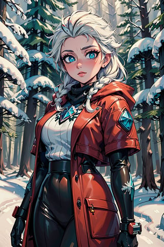 (masterpiece:2), ((8k)), {{beautiful artwork}}, (\Frozen\) elsa, perfect eyes, blue pupils, [ Cyberpunk V5 ], queen V0.22, snow, (snowy forest:1.5), {{ Good reaper clothing}}