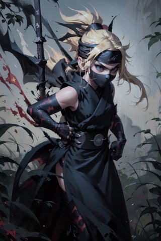 1girl, (Ninja:1.4), [[detailed]], full HD, HDR_soft, open field, 9k, blonde_hair, custom_detailed_clothing-(Ninja),star butterfly,BJ_Oil_painting, +Dark theme ninja_Dragon+