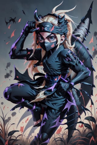 1girl, (Ninja:1.6), [[detailed]], full HD, HDR_soft, open field, 9k, blonde_hair, custom_detailed_clothing-(Ninja),star butterfly,BJ_Oil_painting, +Dark theme ninja_Dragon+