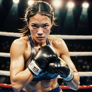 A female boxer delivers a powerful punch towards the camera, sending sweat flying in the air, in the Olympic boxing ring.
break, 
1 girl, Exquisitely perfect symmetric very gorgeous face, Exquisite delicate crystal clear skin, Detailed beautiful delicate eyes, perfect slim body shape, slender and beautiful fingers, legs, perfect hands, legs, illuminated by film grain, realistic style, realistic skin texture, dramatic lighting, soft lighting, exaggerated perspective of ((Wide-angle lens depth)), extreme detail description,