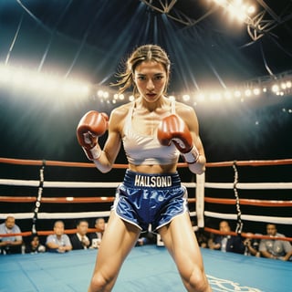 A female boxer delivers a powerful punch towards the camera, sending sweat flying in the air, in the Olympic boxing ring.
break, 
1 girl, Exquisitely perfect symmetric very gorgeous face, Exquisite delicate crystal clear skin, Detailed beautiful delicate eyes, perfect slim body shape, slender and beautiful fingers, legs, perfect hands, legs, illuminated by film grain, realistic style, realistic skin texture, dramatic lighting, soft lighting, exaggerated perspective of ((Wide-angle lens depth)), extreme detail description,