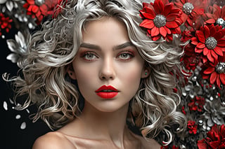 portrait, young, stunning, beautiful, girl, soft red lips, amazing and beautiful eyes, porsa skin, silver ash messy hair, "background of many real 3D flowers", fine jewelry, artstation trend, sharp focus, photography studio , intricate details, highly detailed, by greg rutkowski, focus, dense red smoke, highlighting his face, focus, photorealism, diffusion, high contrast, 4k