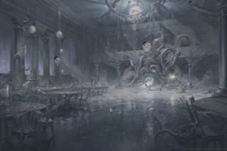 masterpiece, scenery, ball_room, party , long tables, viking tables, banquet, huge room, fancy room, room full of tentacles, tentacles on the ceiling, tentacles on the walls, dark room, no_humans, magic aura, dark energy, dark magic aura, evil aura , tentacles , purple tentacle, ,no_humans