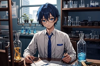 hogrobe, ravenclaw , young, young_boy, 12yo , white_shirt , blue_tie, striped_tie , blue_hair, dark_blue_hair, short_hair, light_blue_eyes, sitting on desk, holding a silver potion plask, swiming glasses, complex_background, laboratory