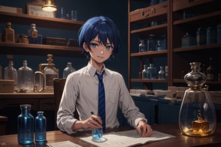 hogrobe, ravenclaw , young, young_boy, 12yo , white_shirt , stained shirt, dirty shirt, blue_tie, striped_tie , blue_hair, dark_blue_hair, short_hair, light_blue_eyes, sitting on desk, smoking potion flasks, Steampunk glass, complex_background, laboratory, stone wall, light smile, confident look