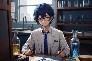 hogrobe, ravenclaw , young, young_boy, 12yo , white_shirt , blue_tie, striped_tie , blue_hair, dark_blue_hair, short_hair, light_blue_eyes, sitting on desk, holding a silver potion plask, swiming glasses, complex_background, laboratory