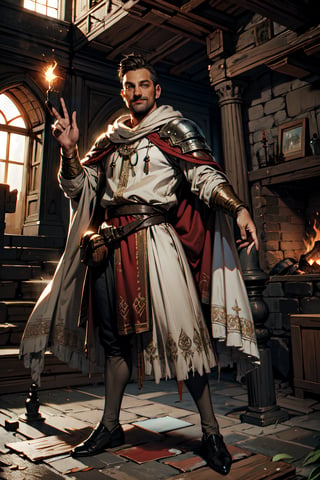 smiling, skinny male sorcerer, dusty, slightly torn white cloak, black pants on the legs, mage, short brown facial hair, gray eyes, short brown crop haircut, full body, correct anatomy, artwork_(digital), character, blurred medieval castle at the background, epic pose, magic fire floating over the right hand, left hand is free, digital_art, realistic lighting, lambertW3_soul3142, LODBG