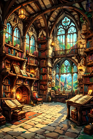 A charming and idyllic fairytale painting, showcasing a medieval bookstore interior, fairytale, 4K UHD,2d game scene