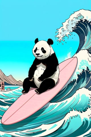 Pastel color palette, in dreamy soft pastel hues, pastelcore, pop surrealism poster illustration || A Majestic and trained panda surfing on a surfboard on The Great Wave off Kanagawa While holding a vinyl record in its hand || bright hazy pastel colors, whimsical, impossible dream, pastelpunk aesthetic fantasycore art