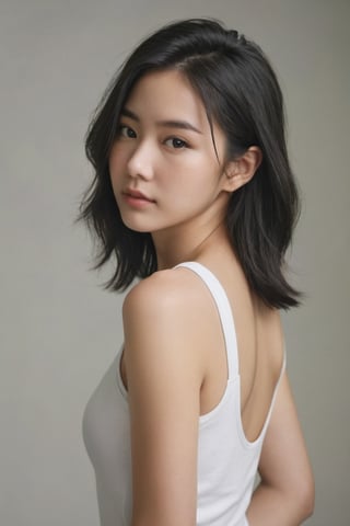 ,A photorealistic portrait of a sexy small chubby korean girl , shaggy  hair,  22 years old. ,medium breast, white tank top, on studio,from side,look at camera,black hair
,analog film photo,kodachrome
,photorealistic:1, best quality,illustration,masterpiece