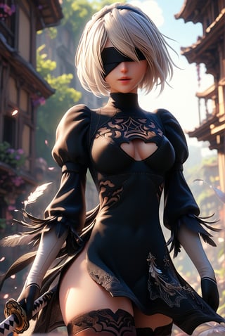 score_9, score_8_up, score_7_up, 1girl, source_anime,2b, NieR:Automata, black blindfold, white hair, short hair, black hairband, mole under mouth, turtleneck, turtleneck dress, black dress, cleavage cutout, feather-trimmed sleeves, juliet sleeves, long sleeves, black gloves, medium breasts, black thighhighs, thigh boots, katana, ((beautiful bright colors)), beautiful detailed lighting, intricate, beautiful detailed glow, detailed, Cinematic light, intricate detail
