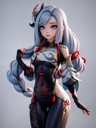 masterpiece, best quality, highres, pvc, render, chibi,masterpiece, best quality, ,1girl,shenhe \(genshin impact\), grey hair,long hair,hair ornament, blue eyes,braided ponytail,puffy sleeves,gold trim,gloves,bodysuit, medium breasts, breast curtain, shoulder cutout,covered navel,hip vent,clothing cutout, tassel, mountain background