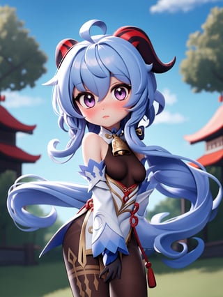 ganyu \(genshin impact\), chibi, pvc, render, 1girl, ahoge, bangs, bare shoulders, bell, black gloves, black pantyhose, ((blue hair)), blush, breasts, chinese knot, detached sleeves, flower knot, gloves, horns, long hair, looking at viewer, small breasts, neck bell, outdoors, pantyhose, purple eyes, sidelocks, solo, tassel, white sleeves, ((masterpiece)),chibi