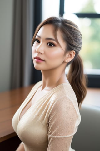 1girl,portrait, close-up, bokeh, golden hour, looking away from the camera, masterpiece, accurate, anatomically correct, textured skin, front lighting, using reflectors, f/1.4, 50mm, Sony A7 III, regina display, super detail, high details, 4K, wavy hair, evening wear, natural landscape,1girl,portrait, high angle, bokeh, overcast, looking at the camera, masterpiece, accurate, anatomically correct, textured skin, side lighting, using reflectors, f/2.8, 35mm, Canon EOS R, regina display, high quality, UHD, casual wear, urban setting,1girl,portrait, bird's eye view, bokeh, window light, looking up, masterpiece, accurate, anatomically correct, textured skin, back lighting, using reflectors, f/1.8, 24mm, Nikon Z6, regina display, highres, best quality, HD, ponytail, business casual, indoor,
